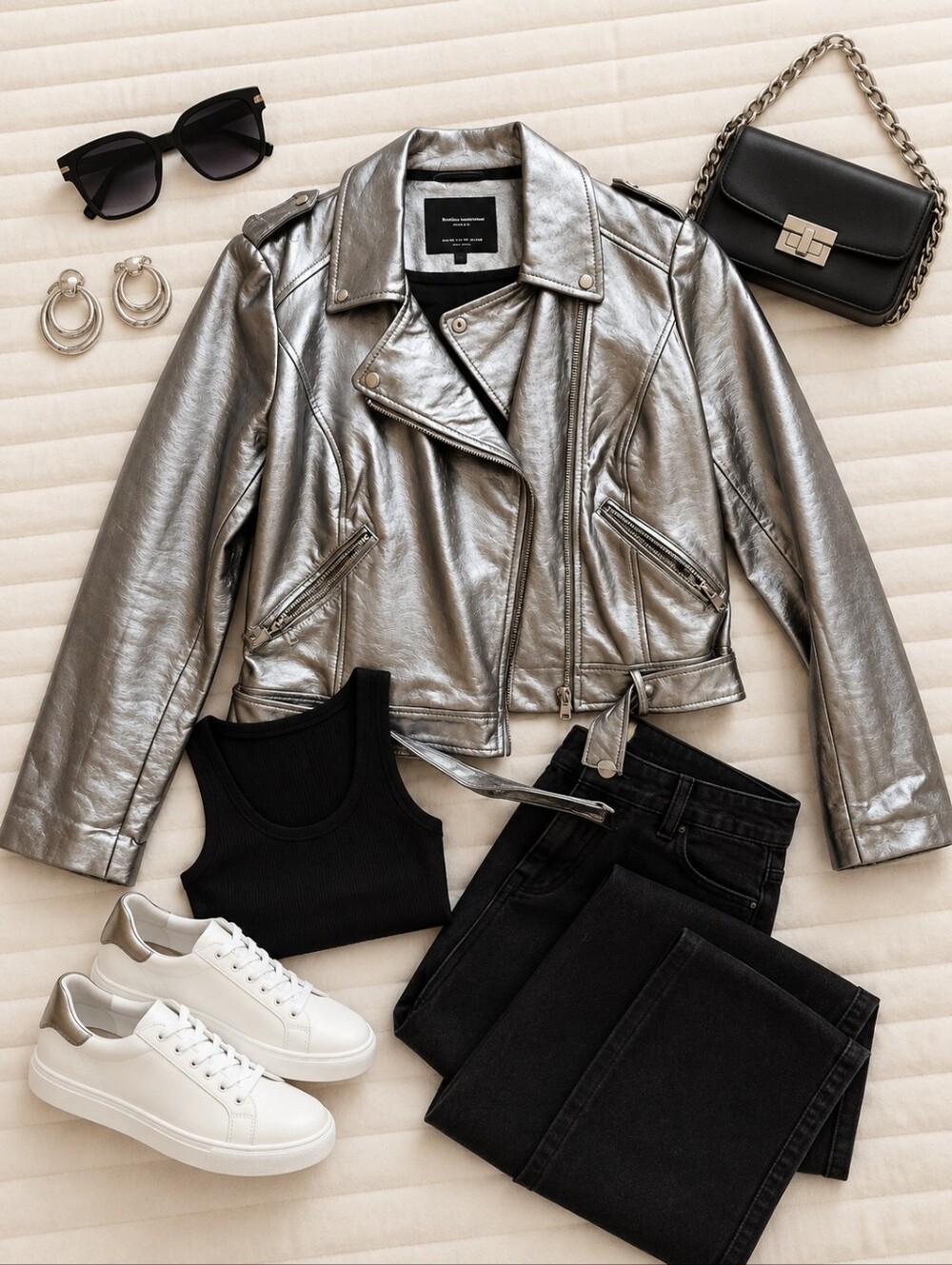 Zara Silver Cropped Moto Leather Jacket